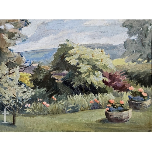 378 - Janet Cree (1910-1992) - An extensive landscape with pink roses, oil on board, signed, framed 45cm x... 