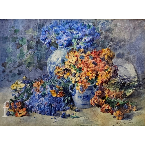 381 - Gabrielle Lemaire (1880-1976) – Still life with flowers in blue and white vases, watercolour, signed... 