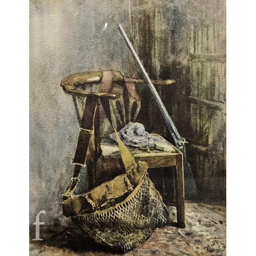 414 - English School (19th Century) - After the shoot, interior scene, watercolour, signed with monogram, ... 