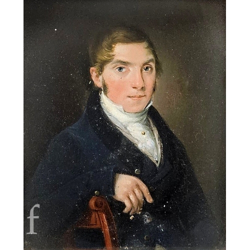 416 - English School (19th Century) - A portrait of a seated gentleman, oil on panel, framed, 14cm x 11cm,... 