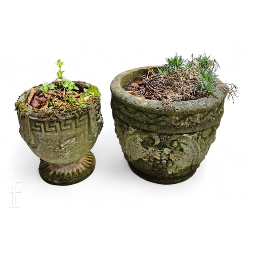853 - A small composite stone planter C scroll and mounted flower head design, width 32cm, and a similar p... 