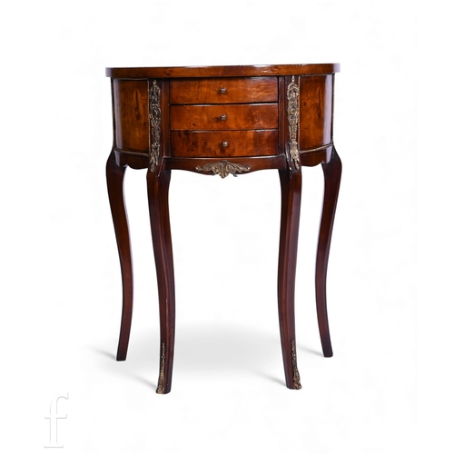 726 - A small 20th Century French mahogany demi-lune side cabinet, fitted with three drawers and gilt meta... 