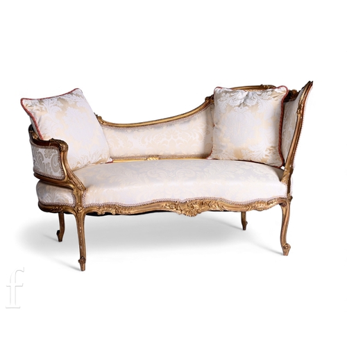 730 - A small 19th Century gilt chaise longue, rococo and acanthus carved frame on cabriole legs, upholste... 
