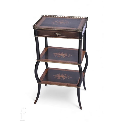 761 - A late 19th Century marquetry inlaid three tier etagere, the brass gallery top over a single drawer ... 