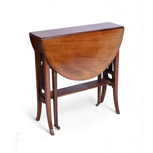769 - An Edwardian line inlaid oval drop flap mahogany Sutherland table on splayed legs united by an under... 
