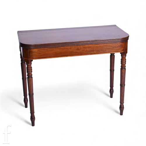 782 - A George III mahogany D shape fold over tea table on ring turned legs, height 74cm x depth 45cm x wi... 
