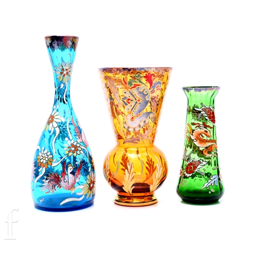 104 - An early 20th Century José Royo blue glass enamelled vase, of teadrop form, polychrome decorated wit... 