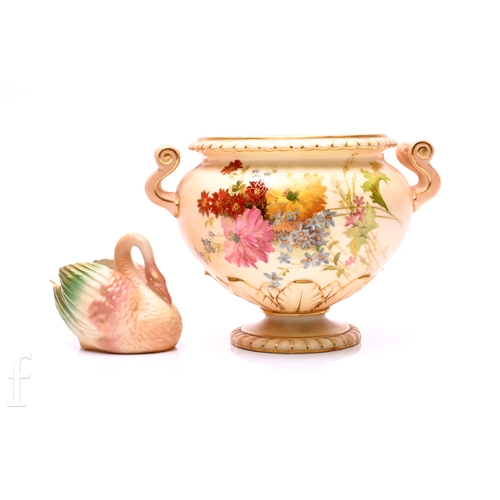 49 - A Royal Worcester blush ivory twin handled pedestal rose bowl, circa 1903, gilt heightened printed a... 