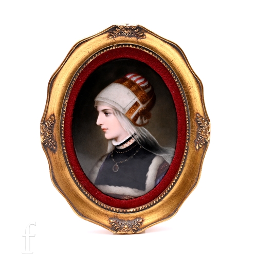 56 - A late 19th Century Austro/German painted portrait plaque, of oval form, decorated with side facing ... 