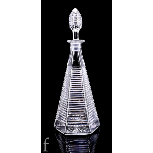296 - An Art Deco style clear crystal hexagonal section decanter and stopper, the tapering body with horiz... 