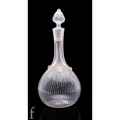 301 - A 20th Century Venetian globe and shaft decanter, the body with fine ribs in clear and white, applie... 