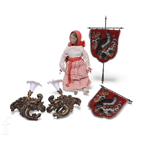 493 - A pair of late 19th Century gilt metal embossed and opaque glass curtain tie backs, modelled as flow... 