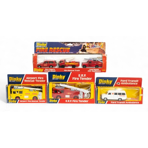 Four Dinky diecasts, 304 Fire Rescue Set including Fire Chief's Range ...