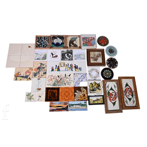 79 - A collection of 1950s and later dust pressed tiles, landscapes, figural and abstract. (qty)