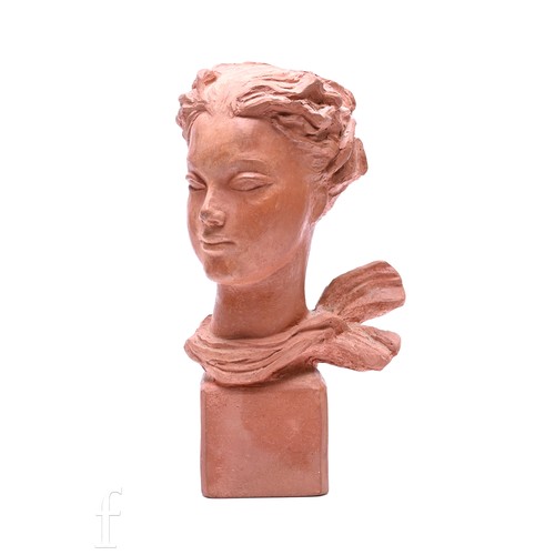 85 - A 20th Century French terracotta bust portrait of a young woman with neck scarf, on chamfered block ... 