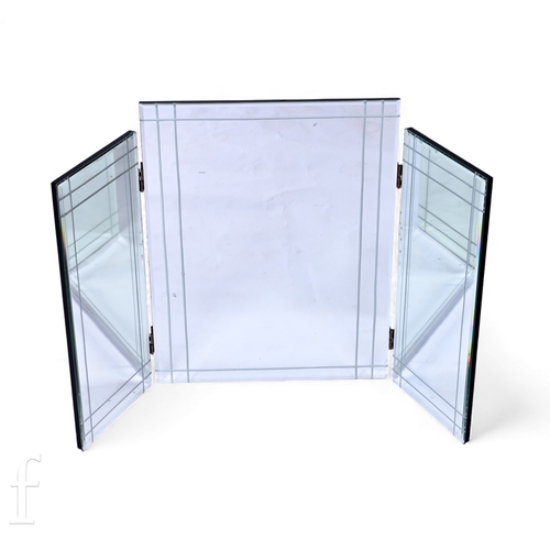 836 - A contemporary triple panel dressing table mirror in the Art Deco style, with etched line detail, ap... 