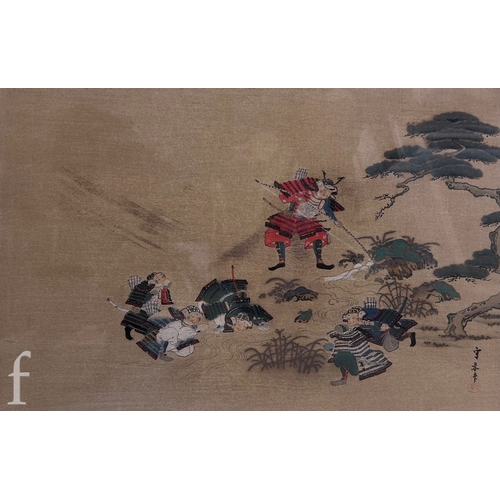 442 - After Kusumi Morikage (Japanese, 1620-1690) - Three warriors on horses with attendants, woodblock pr... 