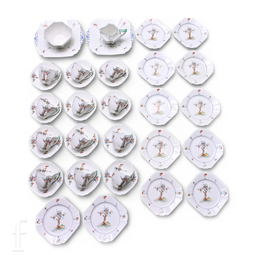 91 - A Shelley Queen Anne Crabtree pattern part tea service, printed and painted stylised fruiting trees ... 