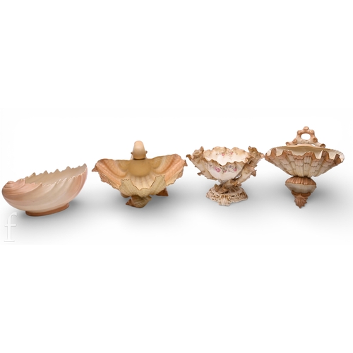 102 - A Royal Worcester blush ivory bowl, circa 1900, of shell form on three Whelk shell feet, printed gre... 