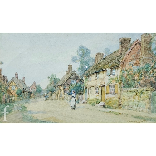 446 - George Wyatt (19th Century) - Figures walking on a cottage lined country lane, watercolour, signed, ... 