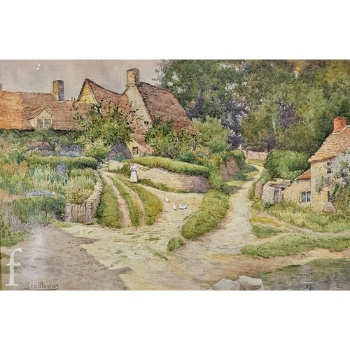 447 - George Hughes (19th Century) - Figures in a country landscape with figures and ducks walking along t... 