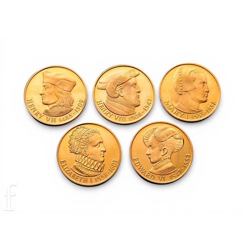 Stuart Devlin - The Tudor Dynasty - A cased set of five 22ct gold medallions, limited edition to 54/150, with issued certificate designed by Stuart Devlin .Des .R.C.A with notice slip and original box by Danbury Mint.