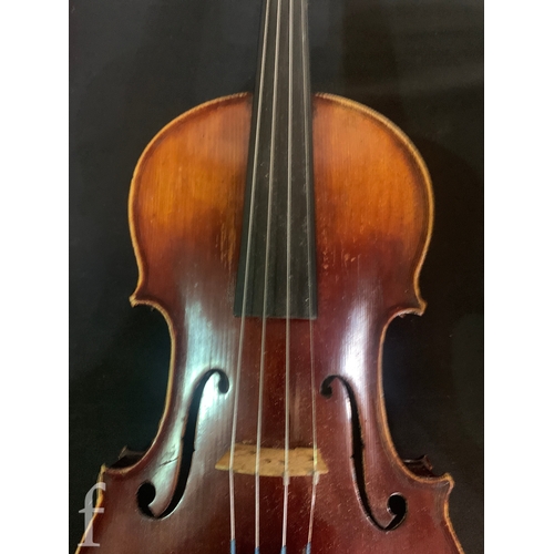 468 - A late 19th Century violin labelled Joseph Guarnerius filius Andrea fecit, length 36cm in plush line... 
