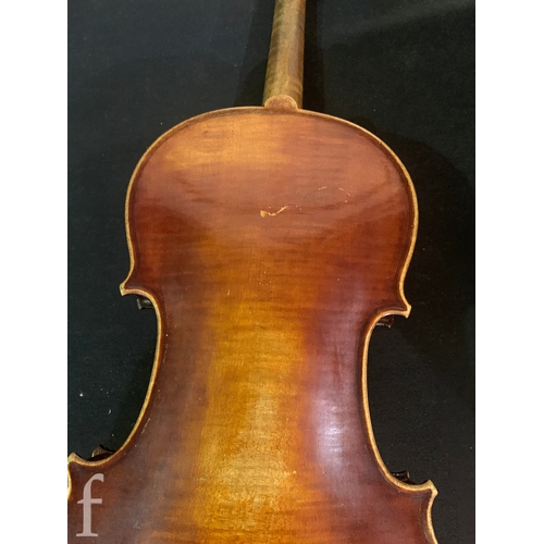 468 - A late 19th Century violin labelled Joseph Guarnerius filius Andrea fecit, length 36cm in plush line... 