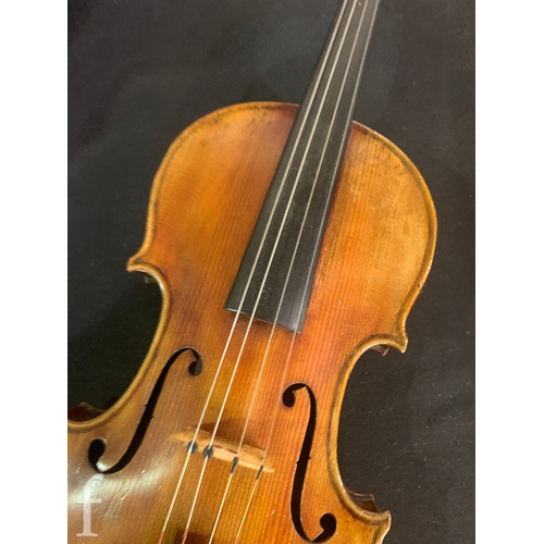 469 - A late 19th Century German violin, figured two piece back, no label, length 36cm, cased and a Lark o... 