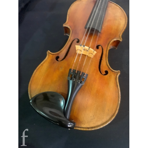 469 - A late 19th Century German violin, figured two piece back, no label, length 36cm, cased and a Lark o... 