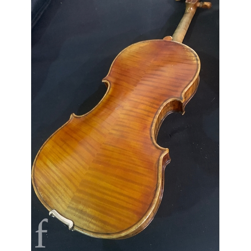 469 - A late 19th Century German violin, figured two piece back, no label, length 36cm, cased and a Lark o... 