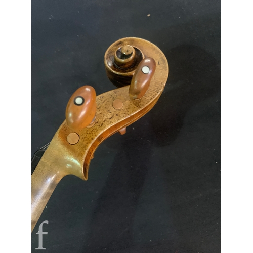 469 - A late 19th Century German violin, figured two piece back, no label, length 36cm, cased and a Lark o... 