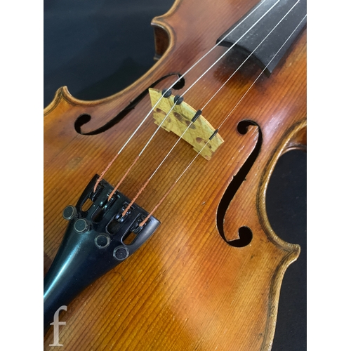 469 - A late 19th Century German violin, figured two piece back, no label, length 36cm, cased and a Lark o... 