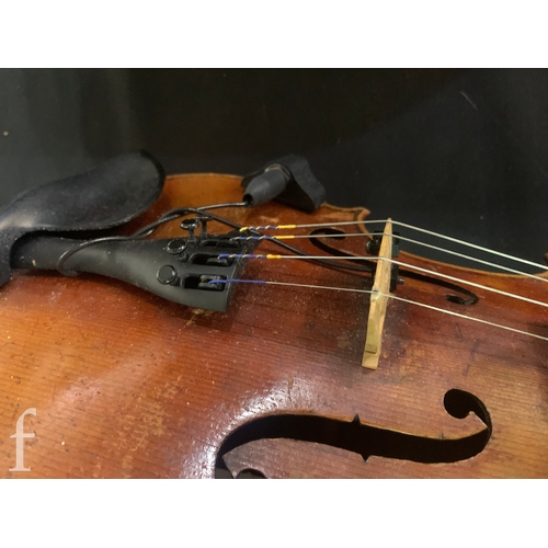 470 - A late 19th Century German violin labelled Antonius Stradivarius, two piece back with bow, length 35... 