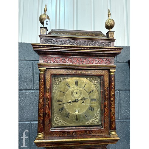 699 - Amended description - An 18th Century red chinoiserie and gilt lacquer painted longcase clock, with ... 