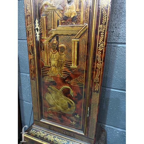 699 - Amended description - An 18th Century red chinoiserie and gilt lacquer painted longcase clock, with ... 