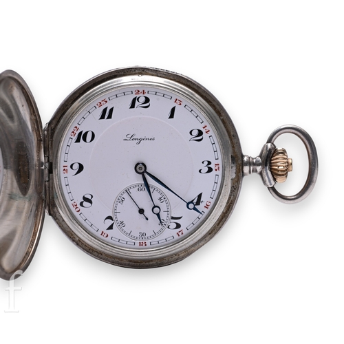 236 - An early 20th Century Longines silver and niello full hunter pocket watch, with white enamel dial, b... 