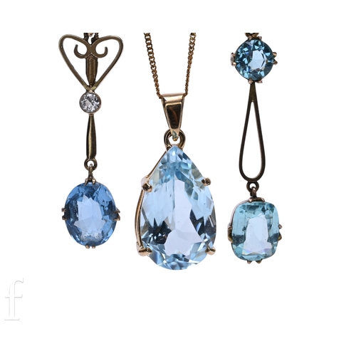 119 - A blue zircon pendant, the two drops claw set, marked '9CT', total weight 1.9g, 4cm long, and two pa... 