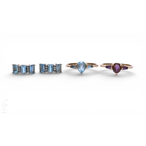 120 - An amethyst dress ring, the pear-cut amethyst set between tapering baguette-cut amethyst shoulders, ... 
