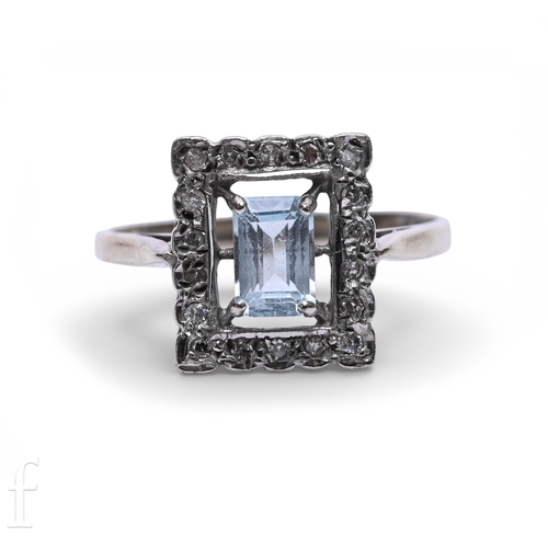 123 - An aquamarine and diamond ring, the step-cut aquamarine four claw set within a border of circular-cu... 