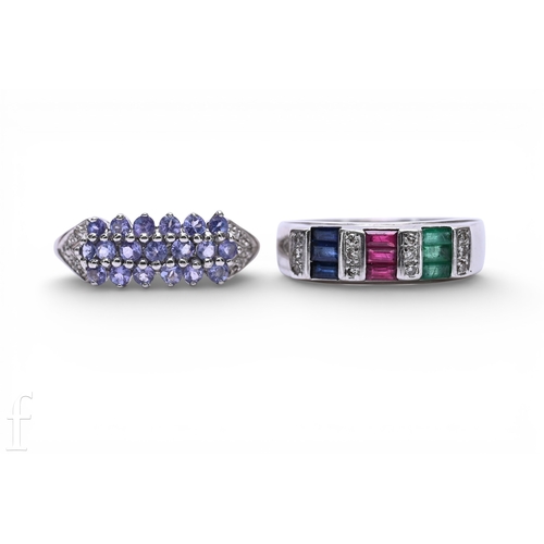 127 - An emerald, ruby, diamond and sapphire dress ring, alternately set, unmarked, total weight 3g, ring ... 