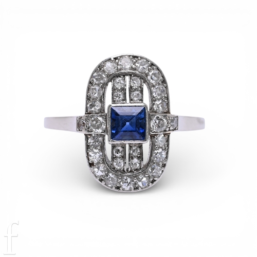130 - A sapphire and diamond ring, the oval mount set with eight-cut diamonds and with a square-cut sapphi... 