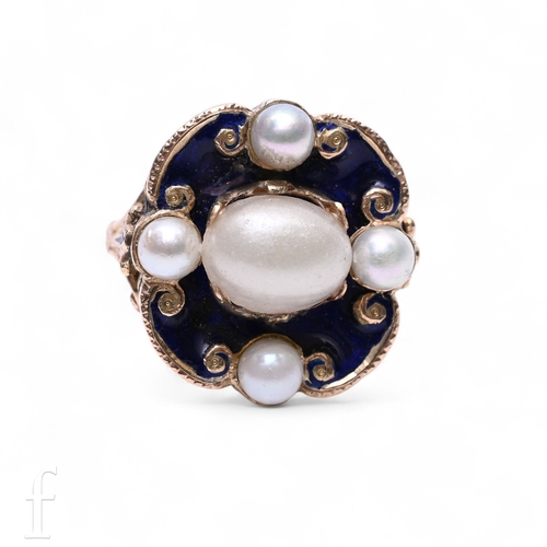 1 - An enamel and cultured pearl ring, the blue enamel mount with gold scroll detail to the edges, later... 