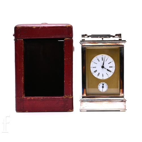 369 - A late 19th Century repeating carriage alarm clock, of rectangular for with electroplated brass body... 
