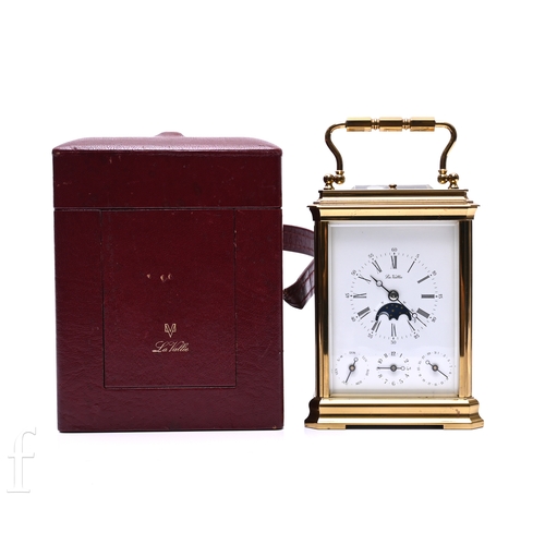 370 - A 20th Century La Vellee brass repeating alarm carriage clock with day, date and moon phase dials, w... 