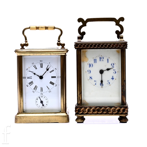 371 - A late 19th Century brass carriage alarm clock, white enamel face with black Roman numerals with min... 