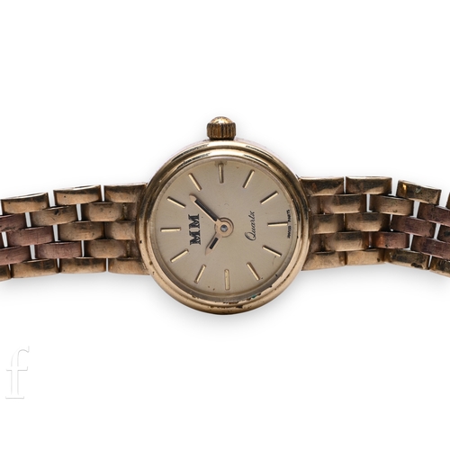 340 - A late 20th Century ladies MM 9ct gold wristwatch with quartz movement on a three-tone conforming 9c... 