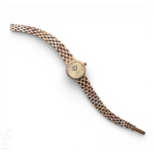 340 - A late 20th Century ladies MM 9ct gold wristwatch with quartz movement on a three-tone conforming 9c... 