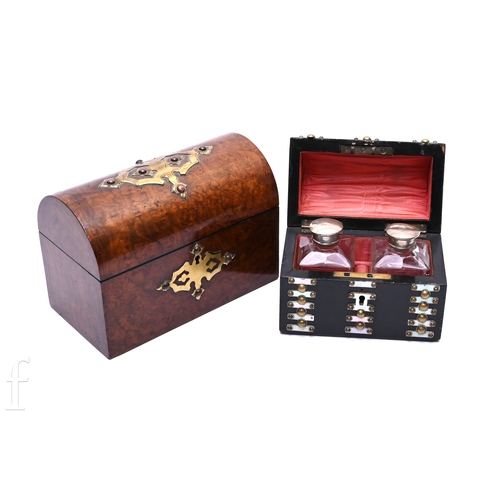 377 - A Victorian domed top ebonised wooden casket, with brass studwork and abalone 'laddered' bands, the ... 