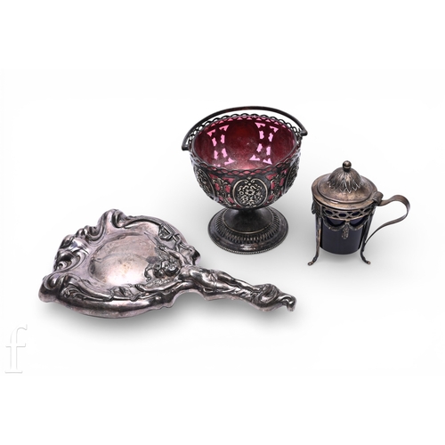 485 - A late 19th Century French style silver plated mustard the frame with vesica band and foliate swags ... 